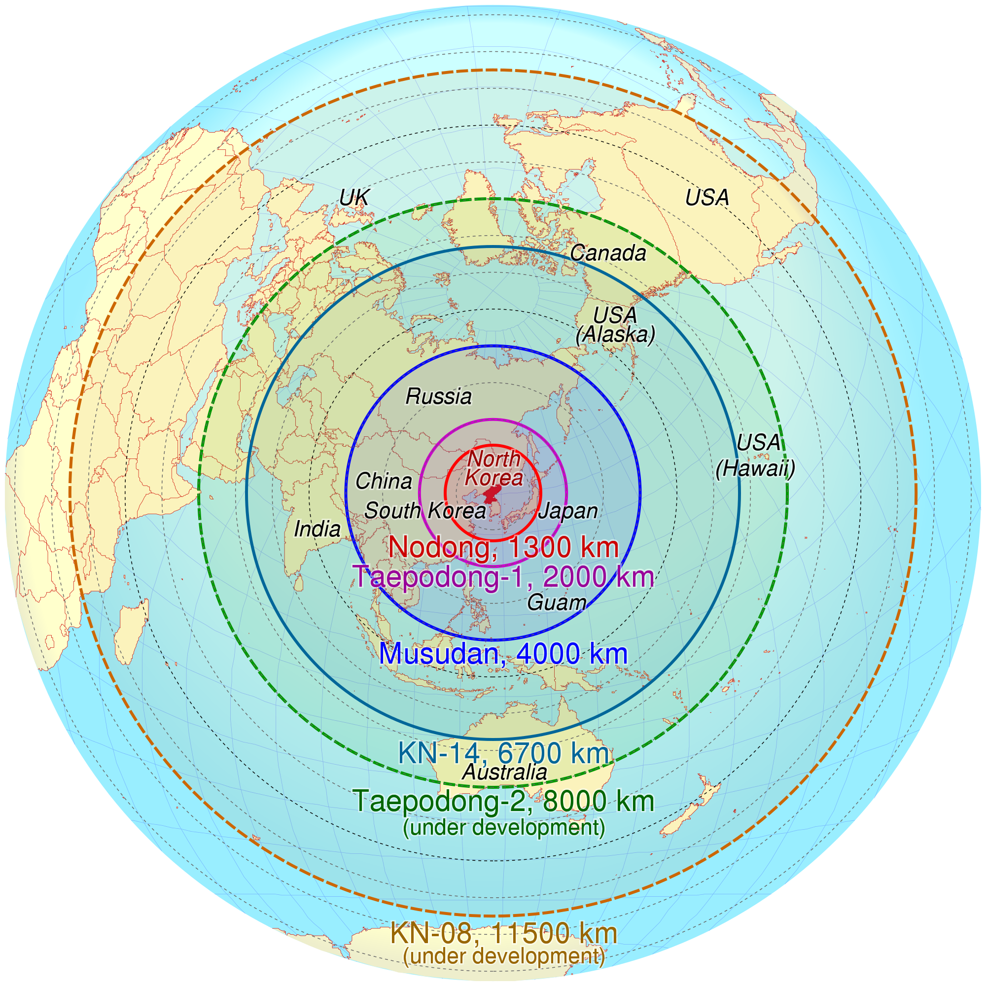 Mappa del raggio nei missili nucleari Nordcoreani