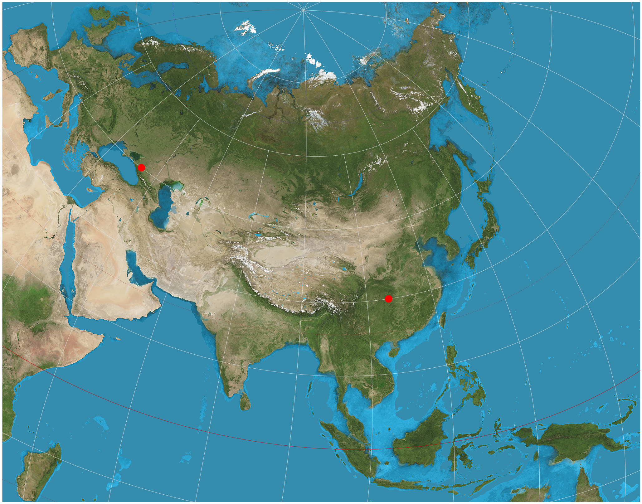 Mappa dell'Eurasia con la proiezione equidistante a due punti