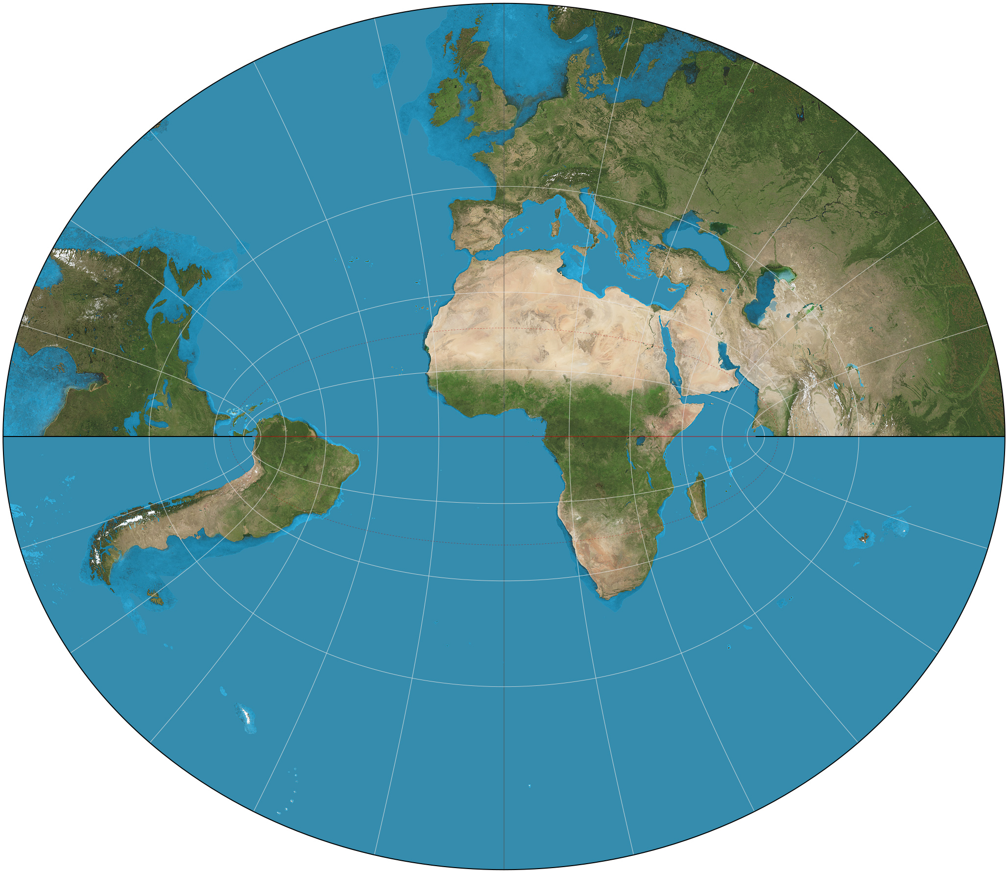 Mappa di una parte della Terra con la proiezione di Littrow